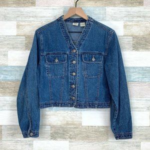 GAP VTG 90s Crop Denim Trucker Jacket Collarless V Neck Cotton Womens Small FLAW